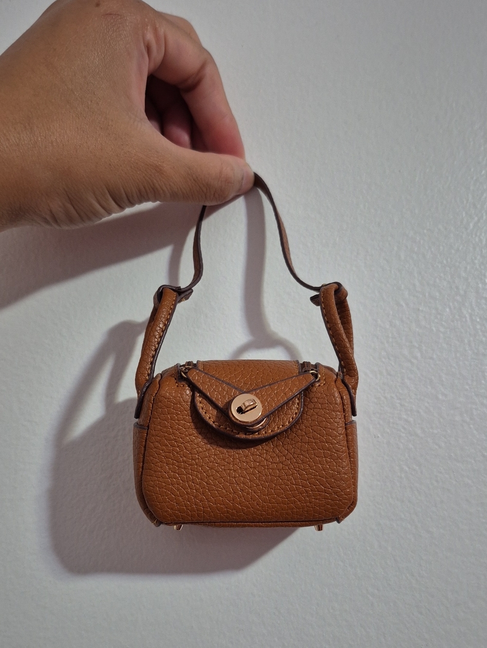 Mini Brown with Gold Hardware Zipper Turnlock Bag Charm Keychain with Strap